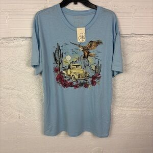 NWT CLOVER + PINE Light Blue vintage western truck , eagle & floral T-Shirt SZ L